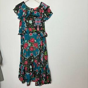 Manoush Silk Rose Floral Ruffle Midi Dress Size 6